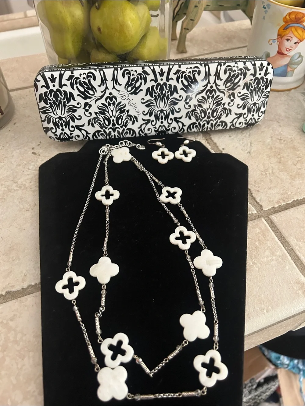 Brighton Silver Chain Necklace with White Clover Motifs